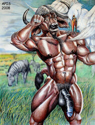 1boy 2008 abs ambiguous_gender apis apis_(artist) avian balls bird bovine bull equine furry grass male_focus male_only nipples nude penis savanna text tree wood zebra