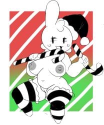 2019 beasts black_and_white blush breasts bunny bunny_ears candy candy_cane christmas christmas_hat chubby_belly colored_background darky03 gel gelbun hair holidays licking_candy mob_face naked nipples oc original original_character pussy rabbit slime slime_girl socks striped_legwear thick_thighs