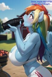 ai_assisted anthro blue_skin dildo dildo_fellatio holding_dildo holding_object huge_breasts huge_dildo midriff my_little_pony object_insertion outside pink_lips rainbow_dash_(mlp) rainbow_hair red_eyes side_view sports_bra text thick_lips wings yoga_pants