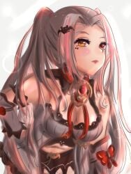 breasts female_only fully_clothed grey_hair hairpin heterochromia kensou!! liliana_vampaia looking_at_viewer navel pakciknasilemak pink_hair red_eyes solo solo_female virtual_youtuber vogi_(vtuber_company) yellow_eyes