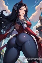 ai_generated ass bare_shoulders black_hair blue_eyes blue_sky breasts circlet clothing_cutout cloud day female from_behind from_below futarush irelia_xan large_breasts league_of_legends league_of_legends:_wild_rift lips long_hair looking_at_viewer looking_back outdoors riot_games sky smile solo sultryspark thighs