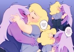 2girls amethyst_(steven_universe) ass_grab blonde_hair cartoon_network chubby chubby_female female_only gem_(species) grin hair_over_one_eye huge_ass kissing long_hair mahmapuu purple_background purple_body purple_skin sadie_miller steven_universe white_hair yuri