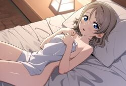 ai_generated bedroom blue_eyes blush female looking_at_viewer love_live! love_live!_sunshine!! nude pointy_chin short_hair solo thighs watanabe_you