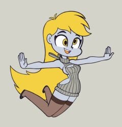 2010s 2017 anthro blonde_hair crosseyed derp_eyes derpy_hooves grey_skin jumping khu my_little_pony my_little_pony_friendship_is_magic nip_slip pony simple_background sticking_out_tongue stockings virgin_killer_sweater yellow_eyes