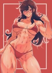 1girls absurd_res ass_visible_through_thighs bikini blush brown_eyes brown_hair cameltoe cowboy_shot eyewear glasses hi_res long_hair looking_at_viewer matching_hair/eyes muscular_female muscular_male navel obliques original pixel_art pointy_chin red_background red_bikini round_glasses serratus_anterior simple_background spoiledmuffin swimsuit thick_thighs two-tone_background