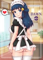 1girls absurd_res ass blue_eyes blue_hair blush breasts character_name cowboy_shot creatures_(company) dawn_(pokemon) female female_only french_maid game_freak hair_ornament heart hi_res human indoors long_hair looking_at_viewer looking_back maid maid_headdress maid_uniform matching_hair/eyes minidress misune_art nintendo panties patreon_username pink_panties pokemon pokemon_dppt smile solo spoken_heart standing thighhighs thighs white_thighhighs