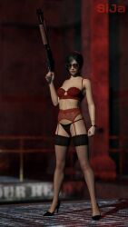 3d ada_wong black_panties bra garter_belt gun lingerie panties red_bra resident_evil shotgun sija_art weapon