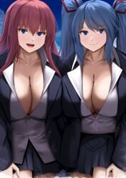 2girls big_breasts blue_hair blue_hair_female bluehair breasts clothed clothed_female giantess giga_giantess kureha_kanzaki light-skinned_female multiple_boys multiple_females red_hair redhair twintails