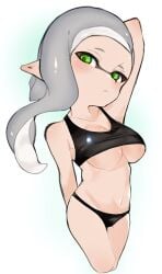 1girls black_bra black_panties bra breasts green_eyes grey_hair inkling inkling_girl inkling_player_character looking_at_viewer navel panties pointy_ears sino_(o_x_x_o) solo solo_female solo_focus splatoon splatoon_(series) sports_bra tentacle tentacle_hair underboob underwear