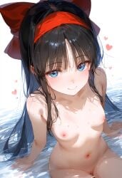 1girls ai_generated arm_support black_hair blue_eyes breasts female hair_ribbon heart hi_res king_of_fighters legs long_hair looking_at_viewer medium_breasts nakoruru navel nipples nude pussy samurai_shodown seductive seductive_look seductive_smile sensual sitting smile snk thighs water wet