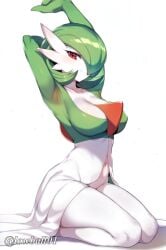 armpits arms_up between_breasts big_breasts cleavage covered_nipples gardevoir green_hair kneeling looking_at_viewer navel pokemon pokemon_(species) red_eyes seductive seductive_eyes seductive_smile stretching white_body