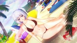 1girls 3d 3d_(artwork) beach belly belly_button bikini blue_hair breasts date_a_live koikatsu light-skinned_female medium_breasts short_hair sitting solo solo_female solo_focus thighs tobiichi_origami