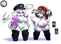 angrydiaper123 belly big_breasts chubby cute duo female female_only leaking_nipples medium_breasts nudity pink_hair roblox roblox_avatar robloxian silly thick_thighs thighhighs