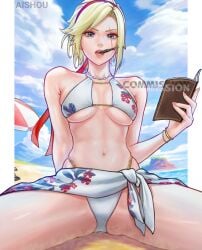 1girls aishou_shuppan ass beach bikini blonde_hair book breasts cleavage female female_only lidia_sobieska light-skinned_female namco navel spread_legs tekken tekken_8 thick_thighs underboob