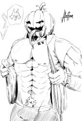 1boy anthro ass balls bara big_breasts bodily_fluids breasts clothed clothing digital_media_(artwork) erection female food fruit genital_fluids genitals hair halloween hi_res holidays jack-o'-lantern looking_at_viewer male male/female male/male muscular nipples nude pecs penis plant pumpkin simple_background smile solo steffansheep tattoo traditional_media_(artwork)