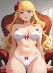 1girls ai_generated blonde_hair blue_eyes blunt_bangs bow bow_bra bow_panties bra breasts bubbleteexl bungo_stray_dogs cameltoe chair earrings elise_(bungo_stray_dogs) female female_only indoors jewelry long_hair looking_at_viewer mole mole_on_breast navel panties parted_lips ribbon sitting solo solo_female stomach tagme thighs underwear underwear_only wavy_hair white_bra white_panties