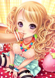 blonde_hair blush bracelet breasts censored cum cum_in_mouth cum_on_body cum_on_breasts cum_on_clothes cum_on_lower_body cum_on_upper_body curly_hair facial female hi_res high_resolution highres jewelry large_breasts long_hair momoi_komomo nail_polish necklace nipples original panties penis pointless_censoring purple_eyes sitting skirt smile striped striped_legwear striped_panties striped_thighhighs thighhighs tied_hair topless twintails underwear