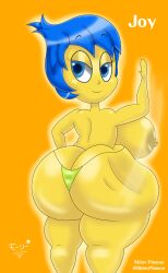 1girls ass ass_focus big_ass big_breasts big_butt blue_eyes blue_hair breasts curvaceous curvy curvy_body curvy_figure disney female_only huge_ass huge_boobs huge_breasts huge_butt inside_out inside_out_2 joy_(inside_out) looking_at_viewer looking_back nipples pixar short_hair short_hair_female slap slapping_butt solo solo_female solo_focus superstarplasma tagme thick_thighs thighs thong yellow_body yellow_skin