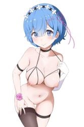 blue_eyes blue_hair blush breasts_out coro_fae elbow_gloves female_focus large_breasts looking_at_viewer maid_headdress re:zero_kara_hajimeru_isekai_seikatsu rem_(re:zero) simple_background smile string_bikini thighhighs white_background