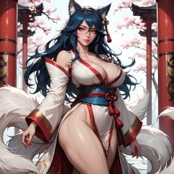 ahri ai_generated big_breasts black_hair cleavage eogard_orc fox_ears fox_girl fox_tail japanese_clothes league_of_legends looking_at_viewer sakura_tree self_upload stable_diffusion thick_thighs white_clothing