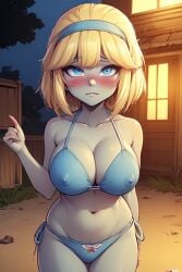 ai_generated bikini bikini_zombie bikini_zombie_(pvz) blonde_hair blush clothed female grey_body headband nipples nipples_visible_through_clothing panties plants_vs_zombies village zombie zombie_girl