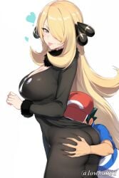 1boy ai_generated ash_ketchum ass ass_focus ass_grab blonde_hair booty cynthia_(pokemon) deep_skin female grabbing_another's_ass grey_eyes hair_ornament human_characters_in_pokémon pokemon seductive seductive_eyes seductive_look seductive_smile tongue tongue_out