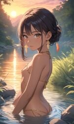 ai_generated ass ass_cleavage bathing brown_eyes brown_hair dark-skinned_female dark_skin feathers from_behind jewelry lake looking_at_viewer looking_back native_american_female petite sideboob skinny_dipping small_breasts tan_body tribal water