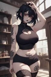 1girls ai_generated big_boobs big_breasts black_hair boobs breasts clothed clothed_female female female_focus female_only frown frowning goth goth_girl light-skinned_female light_skin looking_at_viewer milf solo solo_female solo_focus thick_thighs thighs