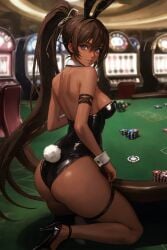 ai_generated ass ass_focus blue_eyes booty brown_hair bunny_ears bunny_tail bunnysuit casino female female_only looking_at_viewer noloty_malch ponytail tan-skinned_female tan_body tatakau_shisho the_book_of_bantorra