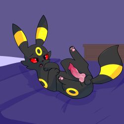 animal_genitalia animal_penis black_body eeveelution feral generation_2_pokemon genitals hair hi_res letacosalad lying male markings multicolored_hair nintendo on_back penis pokemon pokemon_(species) quadruped red_sclera solo umbreon yellow_markings