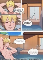 1boy 1boy1girl 1girls 2024 abs ai_generated comic detailed doujinshi english_text female female_focus hi_res hot hot_spring illumaru laying_down manga muscular_male naruto naruto_(series) naruto_shippuden sound_effects stable_diffusion text tsunade uzumaki_naruto water webcomic