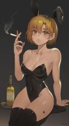 1girls alcohol bare_arms bare_shoulders black_legwear blonde_hair blush brown_eyes bunny_ears bunny_girl cigarette cleavage heart_tattoo looking_at_viewer mole sitting_on_table smoking solo tattoo thighhighs