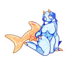 blue_skin breasts doll_nudity female fish_tail hooves iterator_(rain_world) no_feet orange_skin rain_world video_game_character white_eyes