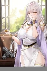 armor blush breasts cleavage coin dress female_only jewelry large_breasts lillly long_hair one_eye_closed original pelvic_curtain shawl side_slit smile solo standing thighhighs white_hair window yellow_eyes