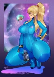 1girls bodysuit breasts jamoart metroid metroid_(creature) samus_aran tagme thick_thighs zero_suit_samus