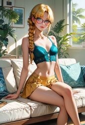 ai_generated blonde_hair clothed female female_only house inside sitting skirt