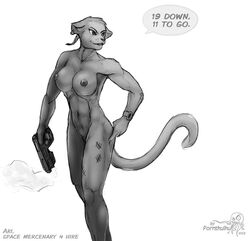 2009 anthro breasts dialog feline fur furry gun nipples nude panther pistol pornthulhu pussy scar sci-fi tail weapon