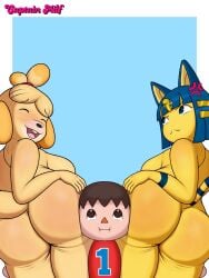 1boy 2girls angry_face animal_crossing ankha anthro ass ass_focus ass_grab big_ass big_butt blue_eyes blue_hair blue_stripes canine captainmilf cat_ears cat_tail catgirl clothed_male_nude_female dog_ears dog_girl dog_tail isabelle_(animal_crossing) naked naked_female nintendo simple_background villager_(animal_crossing) yellow_fur