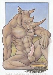 1990s 1998 1boy 20th_century abs anthro brown_skin dark_natasha day erection front_view hand_on_leg horn humanoid_penis long_ears male male_only mammal muscles navel nipples nude open_eyes outdoors penis pink_nipples pinup purple_eyes rhinoceros scalie sitting sky solo spread_legs tail tail_tuft tan_skin testicles text uncensored white_border