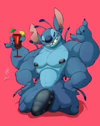 aliens balls bending_on_knees biceps breasts cock cocktail ear ear_piercing four_arms fur furry himbo_stitch horny kneeling_down looking_at_viewer muscles nipple_piercings pecs penis pink_background stitch_(lilo_and_stitch) teeth triceps whiteshadowbuns_(artist)