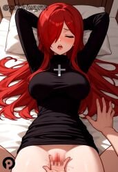 1boy ai_generated arms_behind_head arms_up bed black_dress blush breasts censored closed_eyes clothes_lift cross dress dress_lift female fingering hair_over_one_eye jewelry large_breasts long_hair long_sleeves lying no_panties on_back on_bed open_mouth parasoul pikkiwynn pillow pov pussy pussy_juice red_hair skullgirls solo_focus spread_legs straight turtleneck