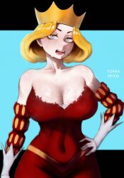 1girls blonde_hair blue_eyes breasts cleavage crown female female_only large_breasts mature_female milf ousama_ranking pointy_chin queen_hilling royalty solo tonka_kryga wide_hips