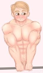 absurd_res aged_up biceps big_pecs blonde_hair blonde_male blush cute_face gym heartstopper hi_res kit_connor lifting_weights luxoh male male/male mammal muscular muscular_male nick_nelson pecs shy sketch solo weights