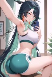 ai_generated alternate_costume ass bare_shoulders black_hair breasts bubble_butt buruma cellphone female from_behind genshin_impact green_eyes green_hair long_hair looking_at_viewer looking_back medium_breasts multicolored_hair parted_lips selfie shiny shiny_clothes shiny_hair shiny_skin sideboob sitting smile solo very_long_hair xianyun_(genshin_impact) zurukatv