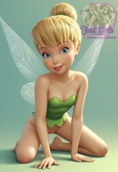 3d ai_generated blonde_hair blue_eyes cleft_of_venus disney disney_fairies fairy fairy_wings perfect_body pussy sexy_pose simple_background small_breasts tinker_bell