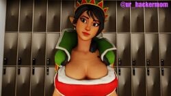 1girls big_breasts black_hair breasts christmas cleavage clothed clothing elf female female_only fortnite headhunter_(fortnite) tinseltoes_(fortnite) winterfest