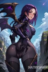 ai_generated armor ass blue_sky blush bodysuit boots breasts cameltoe cloud day facial_mark female from_behind futarush grabbing_own_ass hand_on_own_ass kai'sa league_of_legends league_of_legends:_wild_rift lips long_hair looking_at_viewer looking_back medium_breasts outdoors parted_lips purple_eyes purple_hair riot_games sky smile solo sultryspark thigh_boots thigh_gap thighhighs wings