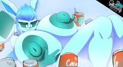 anthro big_breasts breasts canid canine coca-cola eeveelution female fox generation_4_pokemon glaceon hi_res huge_breasts mammal nintendo nipples nude pokemon pokemon_(species) simple_background smile solo thiccbuns