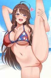 :d ahoge beach bikini bikini_top_only blue_eyes blue_sky blush breasts brown_hair cleavage collarbone commentary_request commission day female flexible heart highres large_breasts large_variant_set long_hair looking_at_viewer mole mole_under_mouth navel open_mouth original outdoors pixiv_commission pussy sidelocks sky smile solo split standing standing_on_one_leg standing_split surippa1010 swimsuit thighs uncensored variant_set very_long_hair