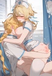 1boy 1girls aether_(genshin_impact) ai_generated blonde_hair brother_and_sister horny_female lumine_(genshin_impact) mihoyo pleasure_face sex straight unknown_artist